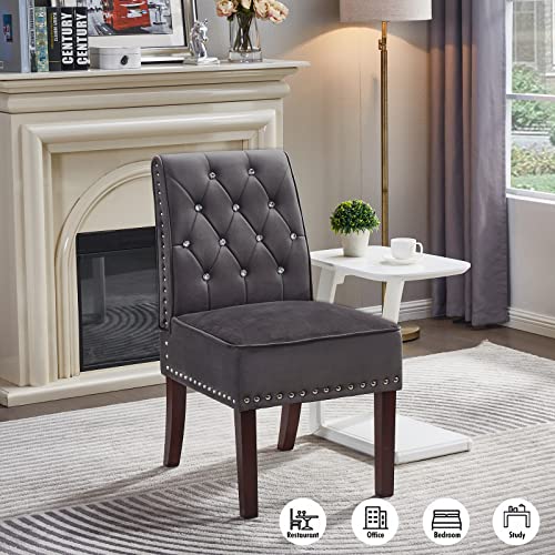 Modern Accent Chair for Living Room, DRM'SCUUM Kitchen Dining Room Chair, Beautiful Bedroom Corner Chair, Grey Velvet with Crystal Buttons and St