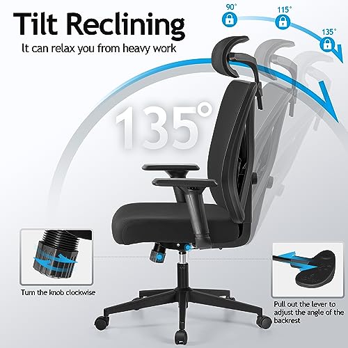 KERDOM Office Desk Chair, Ergonomic Swivel Chair with Adjustable Headrest and Lumbar Support,High Back Mesh Computer Chair with 130° rocking Lock