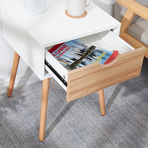 Mondeer Bedside Table with 1 Drawer Side Cabinet Storage Cabinet Scandinavian Style for Bedroom Living Room 40D x 40W x 56H cm, White + Oak