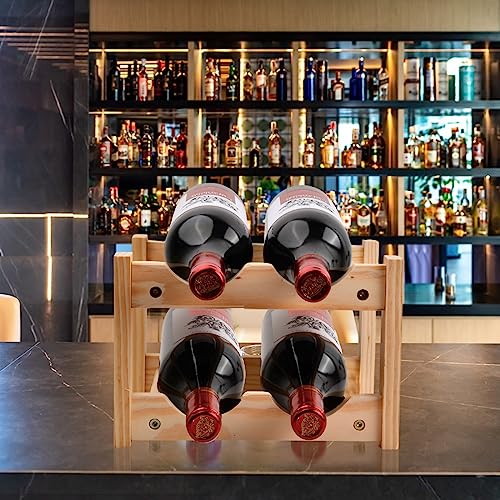 Fangehong Wooden Wine Rack, 3 Tier 6 Bottles Wine Bottle Display Shelves, Free Standing Wine Storage Holder, Wine Racks for Kitchen Pantry Wine C