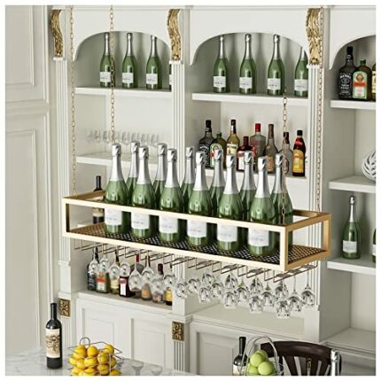 EYLINK Ceiling Wine Glass Rack, Hanging Wine Rack with Glass Holder and Shelf, 39.4 inch Height Adjustable Industrial Hanging Wine Bottle Holder,