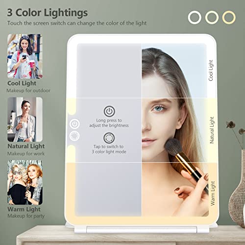 Large Travel Makeup Mirror with 10X Magnifying Mirror, Travel Lighted Makeup Mirror, 3 Color Lighting, Rechargeable 2000mAh Batteries, Portable U