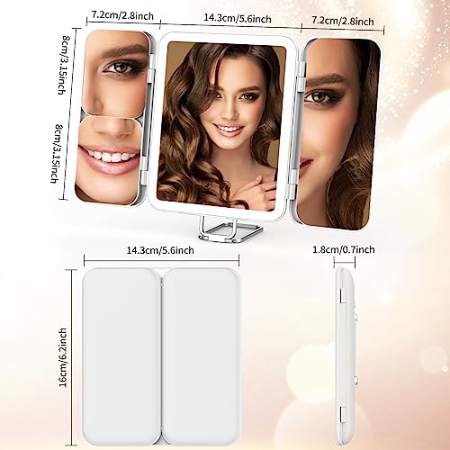 Kostlich Travel Trifold Vanity Makeup Mirror with 3 Color Lights, Rechargeable 1X/3X/7X Magnifying Mirror, Portable Light Up Mirror