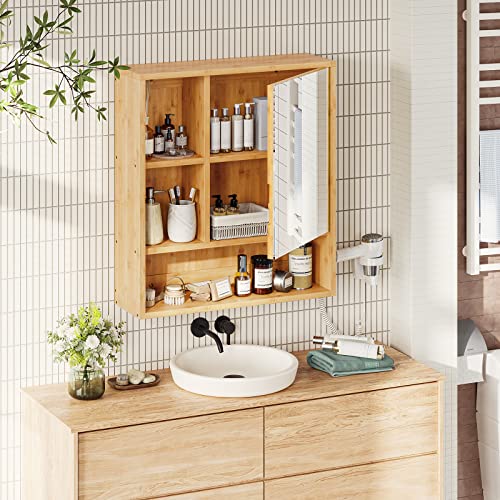FORABAMB Medicine Cabinet with Mirror, Bathroom Vanity Mirror Cabinets Wall Mounted with Storage Shelves, Bamboo Hanging Wall Cabinet with Door a