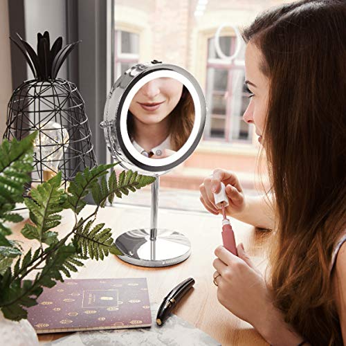 Navaris LED Illuminated Makeup Mirror - Two-Sided Vanity Mirror with Normal and 5x Magnification - 360° Cosmetic Mirror with Touch Screen - Silve