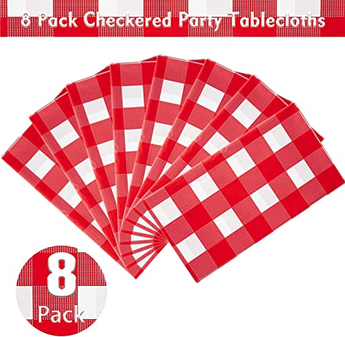 Kesfey 8 Pack Red Gingham Plastic Tablecloths 137x274cm, Disposable Checkered Rectangle Tablecloth, Waterproof and Spillproof Table Covers for Pa