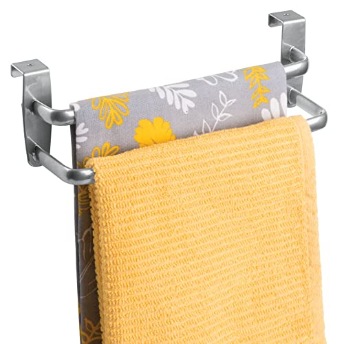 mDesign Double Tea Towel Holder for Hanging Over The Kitchen Cupboard Door - Towel Rack - No Drilling Necessary - Also Suitable as a Bath Towel H