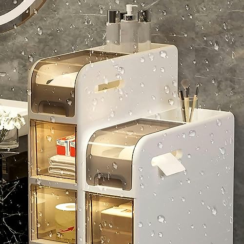 Bathroom Floor Cabinet Storage, 4-Tier Slim Toilet Paper Storage Cabinet with Clear Drawers and Casters, Large Capacity Narrow Vertical Dresser T