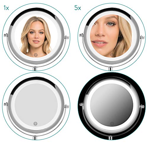 Navaris LED Illuminated Makeup Mirror - Two-Sided Vanity Mirror with Normal and 5x Magnification - 360° Cosmetic Mirror with Touch Screen - Silve