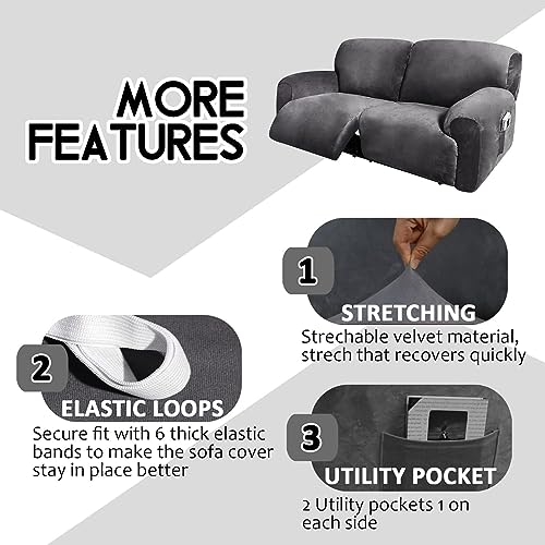 Fengshui 2 Seater Recliner Sofa Covers 6 Pcs Velvet Stretch Loveseat Couch Cover with Side Pocket, Soft Washable Reclining Chair Protector fit 75