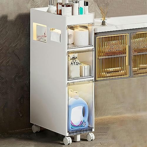 9''W Small Bathroom Storage Cabinet, 4 Tier Narrow Bathroom Floor Cabinet Large Capacity with Plastic Drawers and Casters Slim Toilet Paper Stora