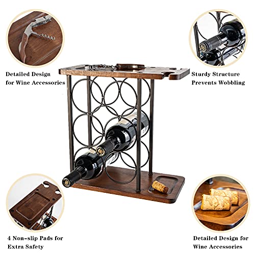 LINGLAN Wine Rack 6 Bottles, Countertop Wine Bottles Holder Racks, 3 Tier Wine Display Shelves with 2 Wine Glass Drying Rack