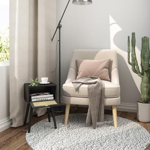 LAATOOREE Nightstand Set of 2, Small End Table with Rattan Door, Bedside Table with Solid Wood Feet, Boho Side Table for Bedroom Living Room Smal