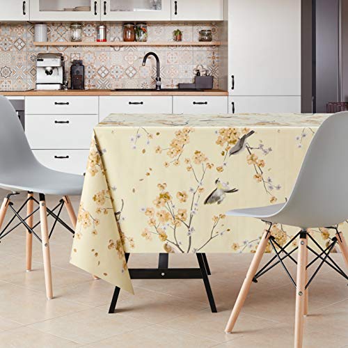 Floral Beige Wipe Clean Tablecloth with Birds - Rectangular 300x140 cm | 118x55in 10 Seats, Waterproof Vinyl Thick PVC Wax Wipeable Smooth Plasti