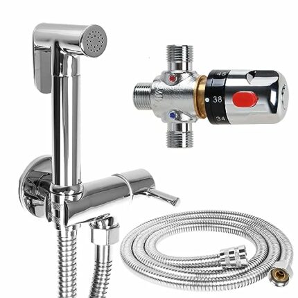 Thermostatic Mixer Bidets Sprayer Kit Toilet Valve Water Spray Bidet Attachment with Hose Handheld Bathroom Shattaf Sprayer Bath Douche Muslim Bi