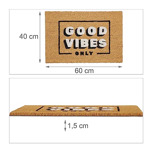 Relaxdays Welcome Coir Doormat, Good Vibes Coconut Mat, Shoe Scaper, Weatherproof, HxW: 40x60 cm, Natural/Black/White, Coco, Plastic, 60x40 cm