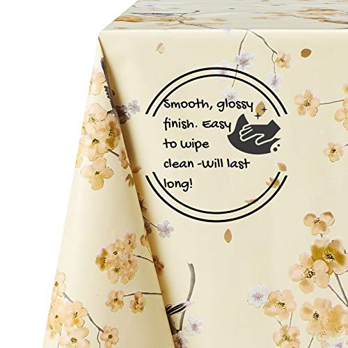 Floral Beige Wipe Clean Tablecloth with Birds - Rectangular 300x140 cm | 118x55in 10 Seats, Waterproof Vinyl Thick PVC Wax Wipeable Smooth Plasti