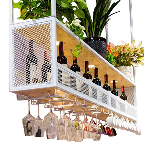 KEppd Wine Rack Wall | Wine Shelf with Glass Holder (with Spotlights) | Metal Ceiling Mounted Hanging Wine Holder | Wooden Wine Bottle Holder | S