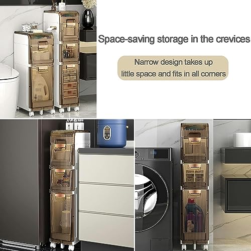 OPSREY 4 Tier Bathroom Floor Cabinet Vertical Storage Unit, Toilet Paper Storage Stand Plastic, Narrow Bath Organizer with Drawers