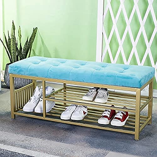 Luxurious Entryway Bench Shoe Rack Bench,Comfy Shoe Bench Velvet Upholstered Bench Seat,Modern Entry,Blue,60X35X45Cm(24X14X18Inch)