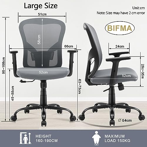 RYANGEL Ergonomic Office Chair for Home, 130° Rocking Desk Chair, Grey Mesh Office Chair with Adjustable Lumbar Support & PU Armrest, Executive S