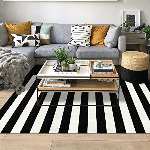 LEEVAN Outdoor Rug 5x7 Black and White Patio Rug, Washable Striped Door Mat Farmhouse Black Front Door Mat, Cotton Reversible Balcony Decor, Dura