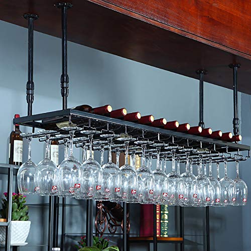 EYLINK Ceiling Wrought Iron Wine Rack, Inverted Goblet Cup Holder, Bar Restaurant Decoration Rack Display Rack, Height And Spacing Adjustable, Bl