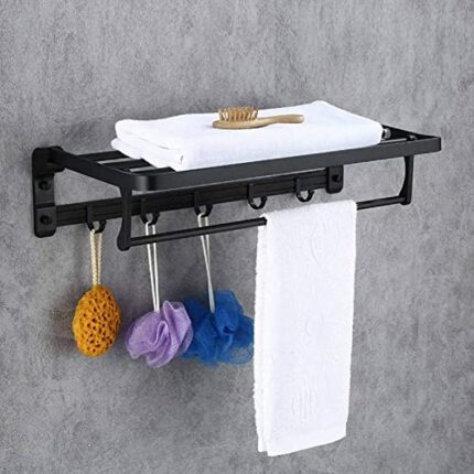 XHALERY Double Layer Fold Towel Rack With Hook Space Aluminum Black Hotel Bathroom Pendant Wall-Mounted Towel Holder, for Kitchen Bathroom Toilet