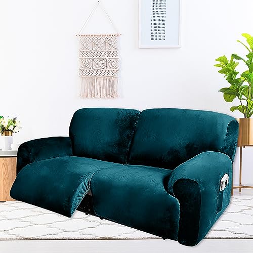 Fengshui 2 Seater Recliner Sofa Covers 6 Pcs Velvet Stretch Loveseat Couch Cover with Side Pocket, Soft Washable Reclining Chair Protector fit 75