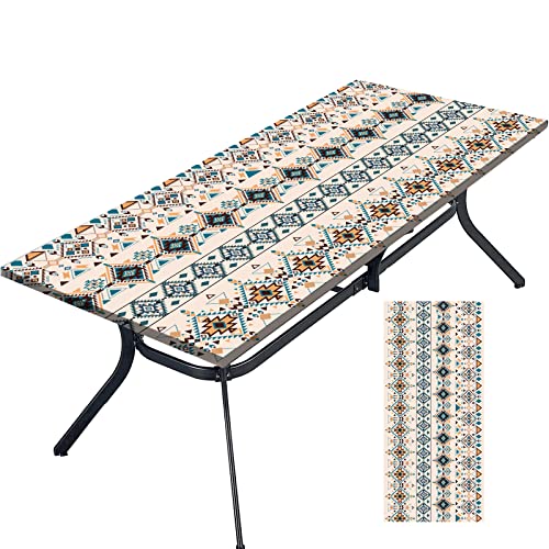 Tablecloth for Folding Table, boho Picnic Table Cover, Waterproof Fitted Table Covers for 6 Foot Tables, Elastic Rim Plastic Table Cover for Picn