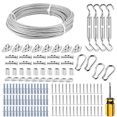 FSHIHINE Sun Shade Sail Fixing Kit with 3mm Wire Rope Cable 20m, 304 Stainless Steel Awning Fixing Kit, Hammock Hanging Shade Sail Hardware Kit f