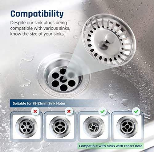Nuelex 2Pcs Kitchen Sink Plugs of 78mm Diameter with 2 Bonus Multi-Size Silicone Seals – 304 Stainless Steel Leak-Proof Kitchen Sink Strainer Plu