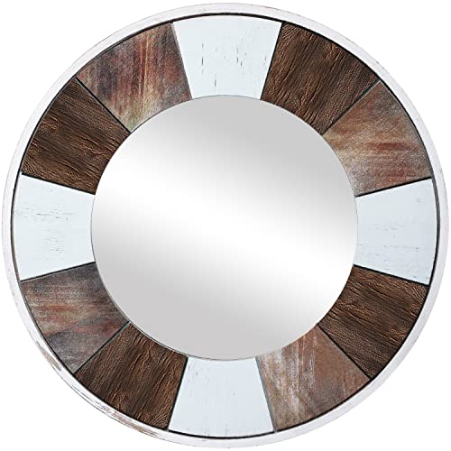 JJUUYOU Round Wall Mirror 19" Wooden Circular Mirror for Bathroom, Rustic Brown Vanity Mirror Wall Decor Wood Frame Make up Mirror for Living Roo