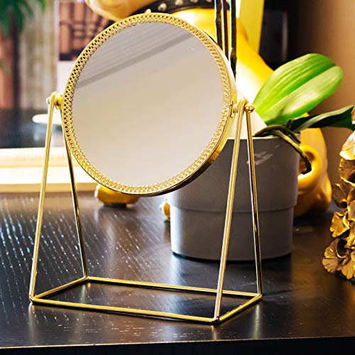 DAWOO Golden Makeup Mirror, Dresser Single Side Retro Mirror, 360 Degree Adjustable Round Gold Mirror, Suitable for Bathroom, Bedroom Decor, Gift