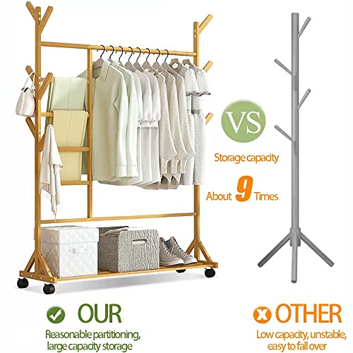 Clothes rack on wheels, bamboo coat rack, clothes rack with clothes rail and tree-shaped hooks, clothes rack with shelves, bamboo clothes rack fo