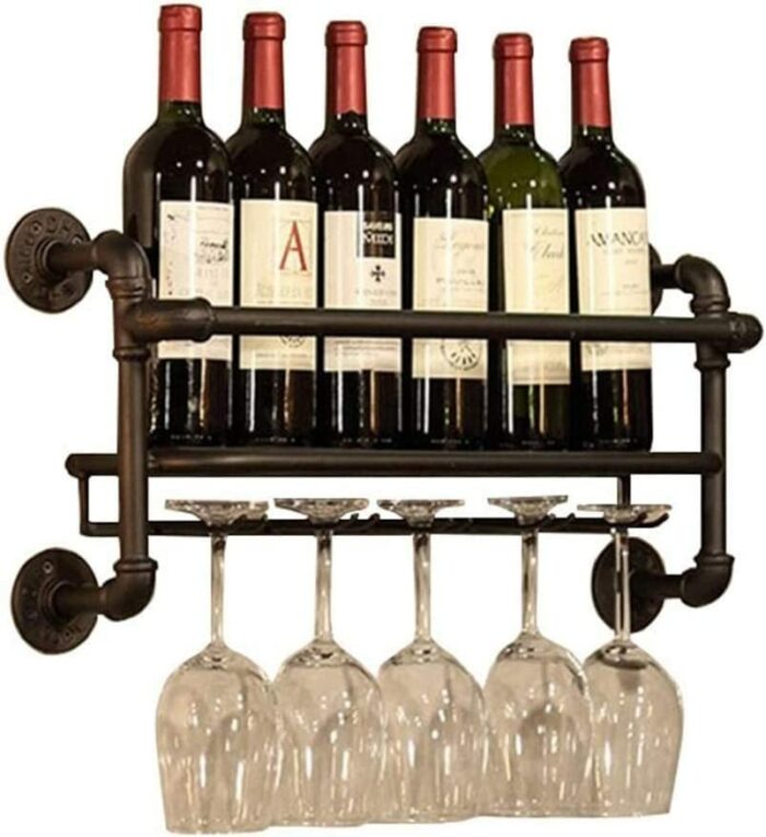 Vintage Wine Bottle Holder Industrial Wrought iron Wine Racks Wall Mounted Rustic Wine Glass Goblet Storage Organizer Rack