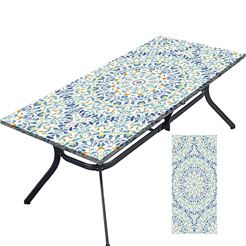 Tablecloth for Folding Table, boho Picnic Table Cover, Waterproof Fitted Table Covers for 6 Foot Tables, Elastic Rim Plastic Table Cover for Picn