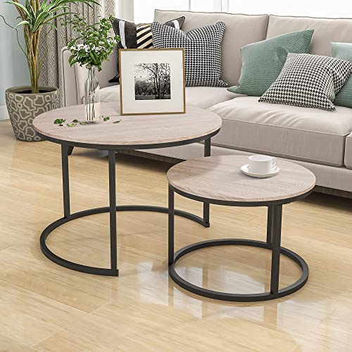 HOJINLINERO Black Round Coffee Table Set of 2 Side/ End Table for Living Room, Bedroom Decorations, Industrial Stacking Wood Look Accent Furnitur