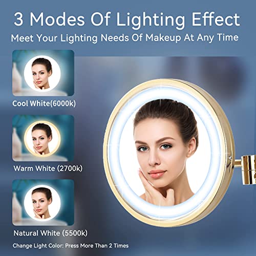 DOWRY Wall Magnifying Mirror with Lights 10x Gold Makeup Mirror 3 Switchable Light Colors Extendable LED Shaving Mirror Flexible Swivel Arm,Diame