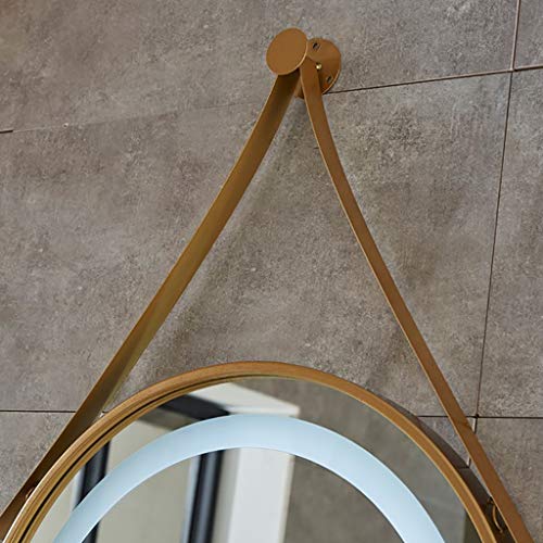 round Bathroom Mirror with Illuminated Led White Light Iron Frame with Sling and Demister Pad Touch Sensor Makeup 2 Colors,Size: Φ60/70Cm, Brownc