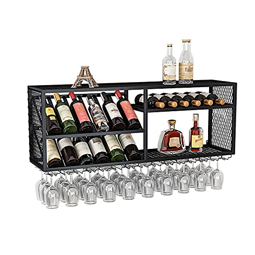 KEppd 2-Tier Floating Shelves Wall-Mounted Wine Rack, Bottles and Glass Holder, Metal Wine Storage Rack Organizer, Wine Display Shelf for Home Ki