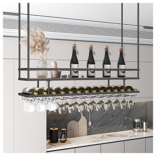 EYLINK 2 Layer Hanging Wine Glass Rack, Vintage Wine Bottle Holder, Ceiling Decoration Wine Glass Rack, Adjustable Height, for Kitchen and Bars,