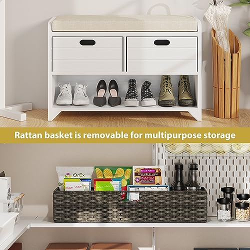 LOVMOR 32" Storage Bench for Entryway, Shoe Bench with Storage Removable Basket and 2 Drawers, Entryway Bench with Shoe Storage, Entryway Storage