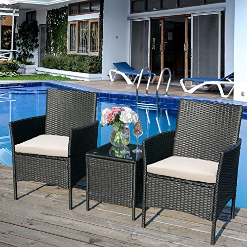 Rattan Garden Furniture Set 3 Piece Patio Outdoor Furniture Set Includes Cushion One Glass Table