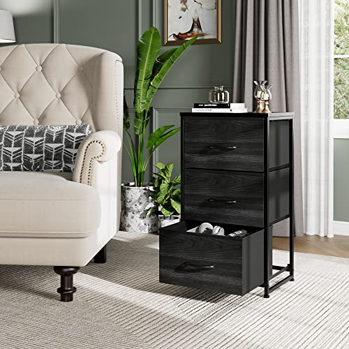 Nicehill nightstand, Wooden top Board, Fabric, Steel Frame, Black Wood Grain, 3-Drawer