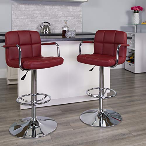 Flash Furniture Adjustable Bar Stools | Set of 2 Counter Height Barstools with Back and Armrest, Vinyl, Burgundy, 2 Pack