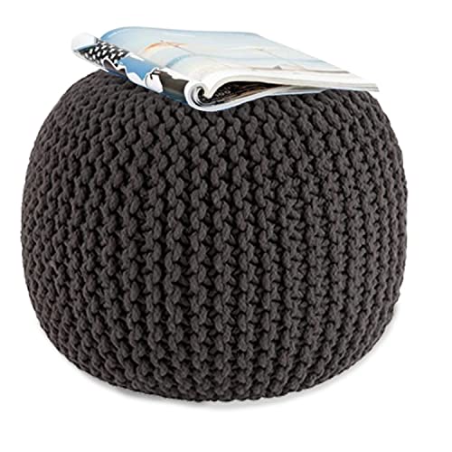 SweetNeedle - Hand Knitted Twisted Cable Style Round Dori Pouf, Floor Ottoman, Grey, Cotton Braid Cord - Handmade & Hand Stitched - Comfortable S