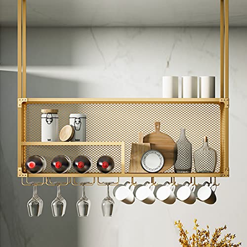Hanging Wine Rack with Glass Holder and Shelf, 2-Layer Industrial Hanging Wine Glass Rack Ceiling, Iron Bottle Holder Wine Shelf