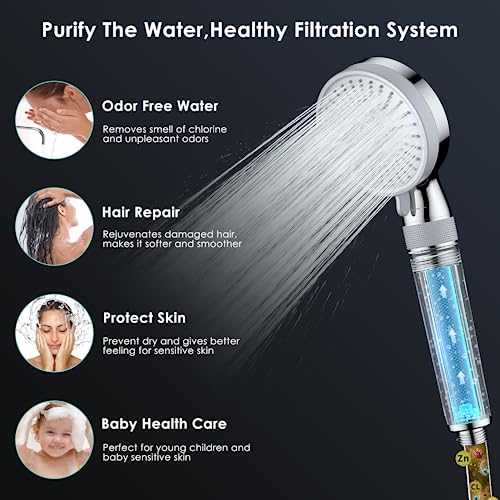 Luxear Shower Head Anti Limescale Filter for Hard Water, 5 Modes, Low Pressure Water Air Boosting Universal Handheld Rain Shower to Save Water in