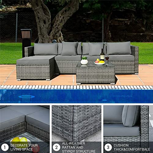 DLOETT 6PCS Rattan Garden Corner Sofa Set Outdoor Garden Furniture Set Patio Sofa Set with Glass Coffee Table Cushions Pillows